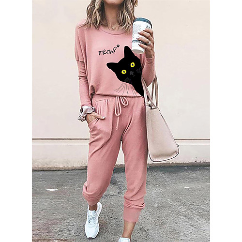 

Women Basic Streetwear 3D Print Cat Letter Vacation Casual / Daily Two Piece Set Tracksuit T shirt Pant Loungewear Drawstring Print Tops