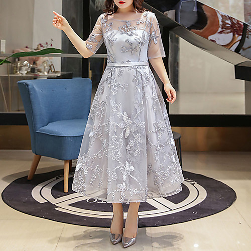 

A-Line Plus Size Elegant Homecoming Cocktail Party Dress Illusion Neck Half Sleeve Tea Length Lace with Sash / Ribbon 2021