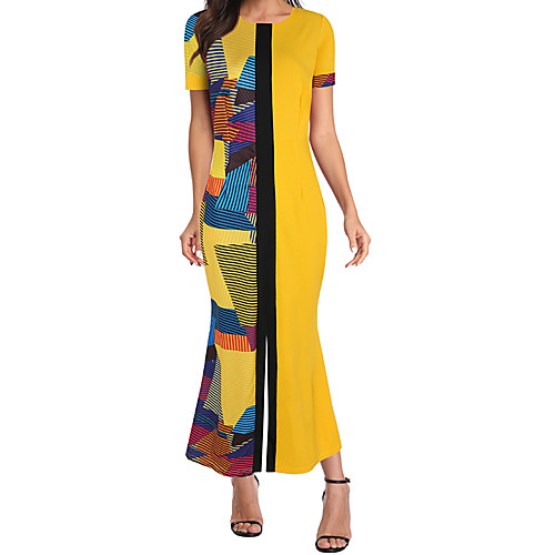

Women's Sheath Dress Maxi long Dress Blue Red Yellow Short Sleeve Geometric Print Spring Summer Round Neck Elegant 2021 S M L XL XXL