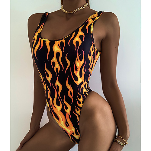 

Women's One Piece Swimsuit Lace up Open Back Print Abstract Black Green Swimwear Padded Strap Bathing Suits Fashion Sexy
