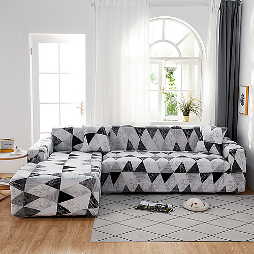 

Grey Triangle Print Dustproof All-powerful Slipcovers Stretch L Shape Sofa Cover Super Soft Fabric Couch Cover with One Free Pillow Case