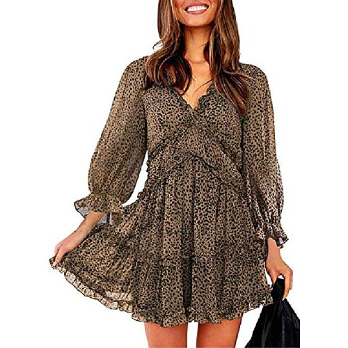 

2020 Boho Beach Ruffle Chiffon Flowy Leopard Dress for Women Casual Loose Long Sleeve V Neck Soft Flare Fall Spring Cute Open Back Teen Girls Ladies Dresses XL