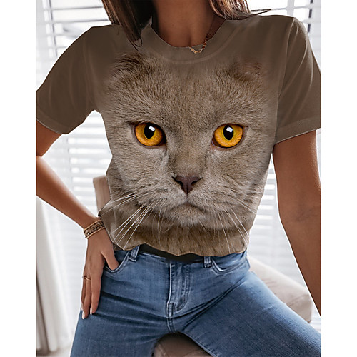 

Women's T shirt Cat Graphic 3D Print Round Neck Tops Basic Basic Top Blue Khaki