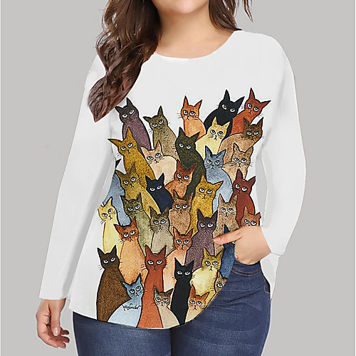 

Women's Plus Size Print Cat Animal T shirt Shirt Large Size Round Neck Long Sleeve Tops Big Size
