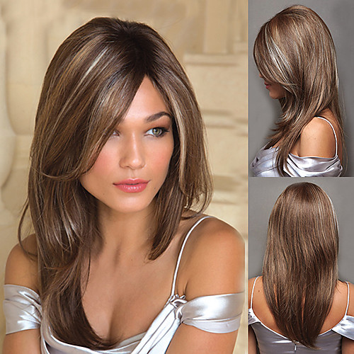

Synthetic Wig kinky Straight Asymmetrical Wig Medium Length Brown Synthetic Hair 15 inch Women's Best Quality Brown