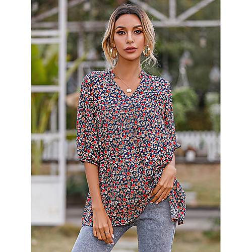 

Women's Blouse Floral Print V Neck Tops Casual Basic Top Fuchsia