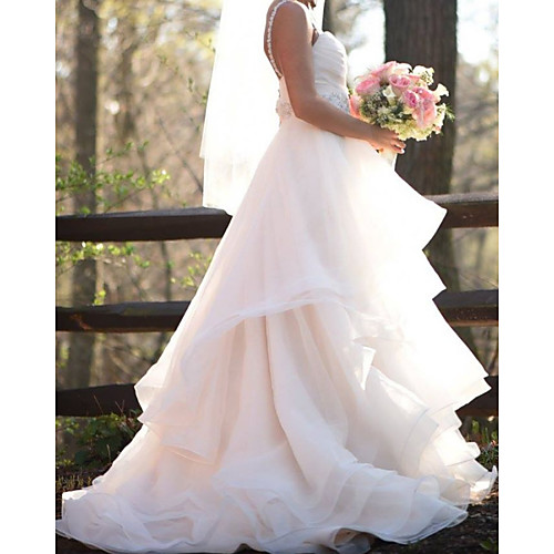

A-Line Wedding Dresses Sweetheart Neckline Sweep / Brush Train Organza Sleeveless Country Romantic Luxurious with Cascading Ruffles 2021