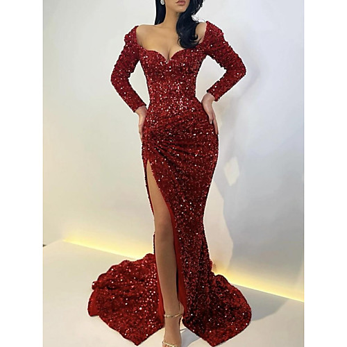 

Mermaid / Trumpet Sparkle Sexy Wedding Guest Formal Evening Dress Scoop Neck Long Sleeve Sweep / Brush Train Sequined with Sequin Split 2021