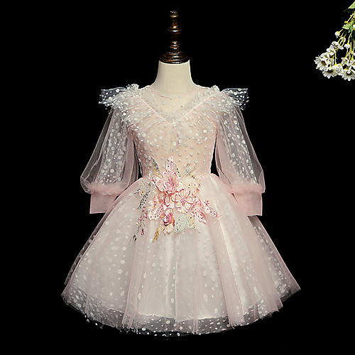 

Princess / Ball Gown Knee Length Wedding / Party Flower Girl Dresses - Tulle 3/4 Length Sleeve Jewel Neck with Ruffles / Appliques