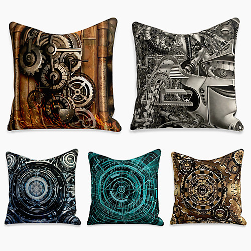 

5 pcs Linen Pillow Cover, Geometric Square Zipper Polyester Traditional Classic