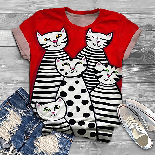 

Women's Plus Size Print Cat Graphic Animal T shirt Large Size Crewneck Short Sleeve Tops XL XXL 3XL Red Big Size