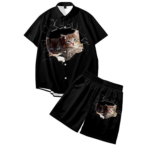 

Men's Shirt Suits 3D Print Cat Animal Button-Down 3D Print Short Sleeve Daily Tops Casual Fashion Breathable Black