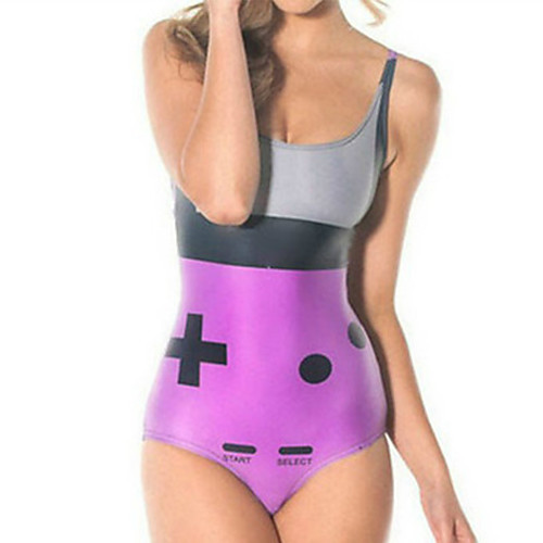 

Women's One Piece Monokini Swimsuit Tummy Control Open Back Slim Color Block Letter Purple Swimwear Bodysuit Strap Bathing Suits New Fashion Lady / Party / Print