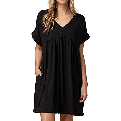 

jayscreate women's baby doll dress summer casual tunic pleated flowy swing short sleeve black v neck mini dress