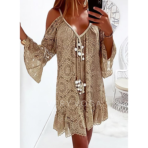 

Women's Sundress Short Mini Dress Blue Khaki Short Sleeve Solid Color Lace Summer V Neck Casual Sexy 2021 S M L XL XXL
