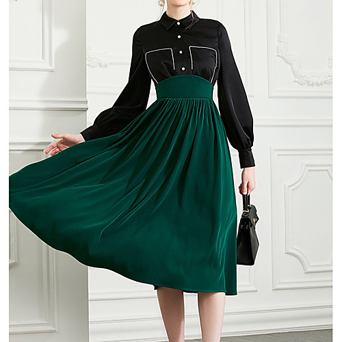 

A-Line Elegant Vintage Homecoming Cocktail Party Dress Shirt Collar Long Sleeve Tea Length Imitation Silk with Buttons Pleats 2021
