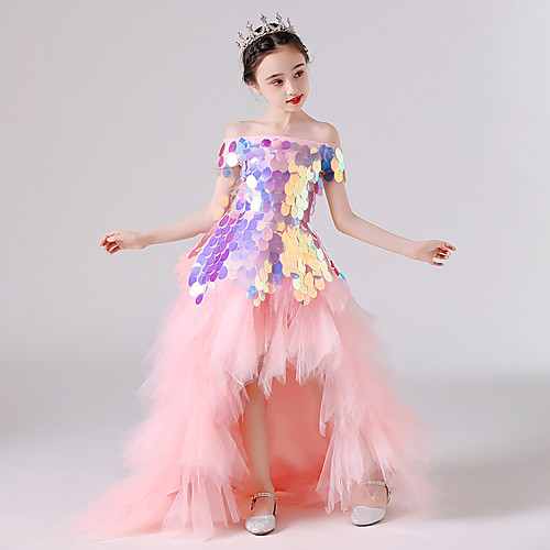 

Princess / Ball Gown Sweep / Brush Train / Asymmetrical Party / Birthday Flower Girl Dresses - Tulle Short Sleeve Off Shoulder with Solid / Tiered / Paillette