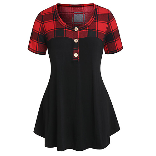 

Women's Plus Size Patchwork Plaid Blouse Large Size Crewneck Short Sleeve Streetwear Tops S M L Black Big Size