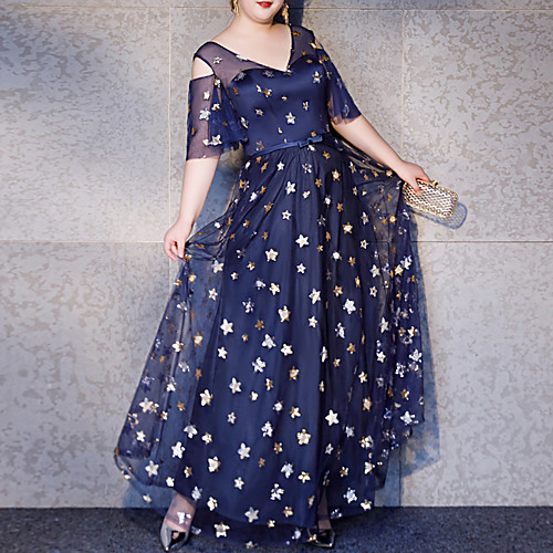 

A-Line Glittering Plus Size Wedding Guest Prom Dress V Neck Half Sleeve Floor Length Tulle with Sequin 2021