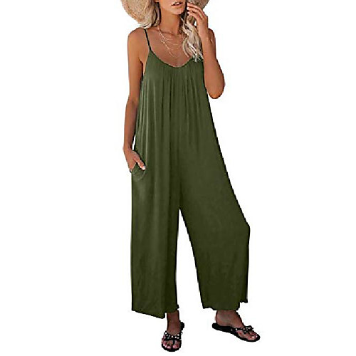 

blencot womens ladies loose sleeveless jumpsuits adjustable spaghetti strap stretchy long pant romper jumpsuit with pockets green large