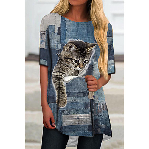 

Women's T Shirt Dress Tee Dress Short Mini Dress Black Blue Half Sleeve Cat Check Animal Print Spring Summer Round Neck Casual 2021 S M L XL XXL 3XL