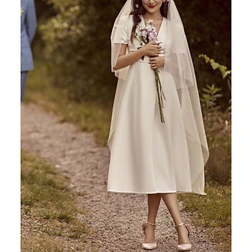 

A-Line Wedding Dresses V Neck Tea Length Satin Short Sleeve Simple Vintage Little White Dress 1950s with Sashes / Ribbons 2021
