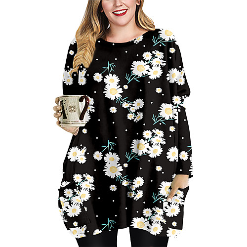 

Women's Plus Size Graphic Floral Print Casual Long Sleeve Autumn / Fall Short Mini Dress Shift Dress Black Orange