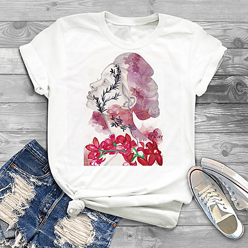 

Women's Plus Size Print Graphic Floral Portrait T shirt Large Size Round Neck Short Sleeve Tops XL XXL 3XL White Big Size