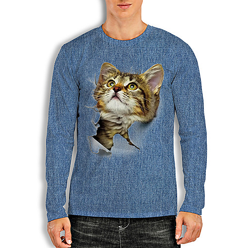 

Men's Tees T shirt 3D Print Cat Graphic Prints Animal Print Long Sleeve Daily Tops Basic Casual Blue