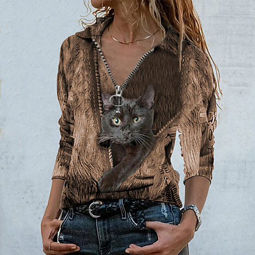 

Women's Blouse Cat Long Sleeve Zipper Shirt Collar Tops Basic Basic Top Blue Brown Gray