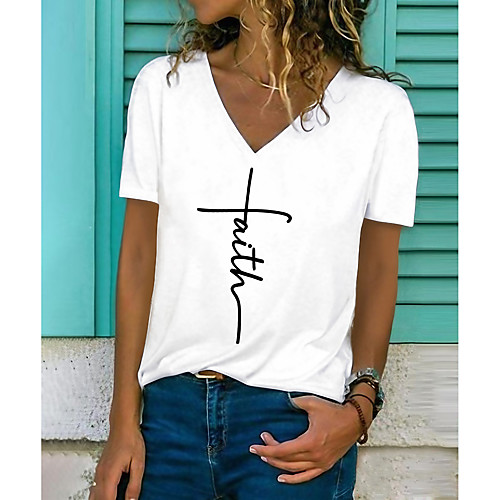 

Women's T shirt Letter Print V Neck Basic Vintage Tops White / 3D Print