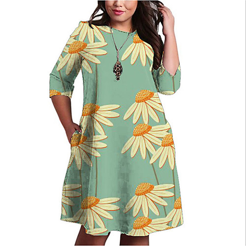 

Women's Plus Size Dresses Shift Dress Knee Length Dress 3/4 Length Sleeve Floral Graphic Print Casual Fall Green XL XXL 3XL 4XL 5XL / Holiday