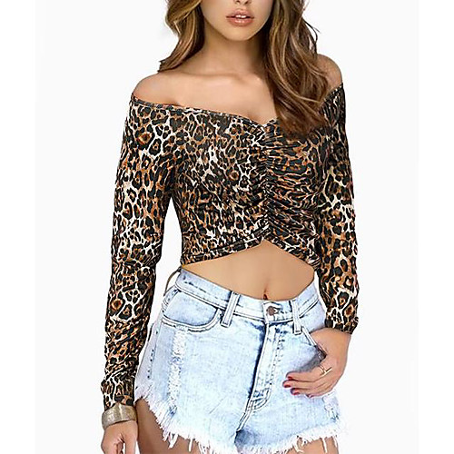 

Women's Crop Top Leopard Snake Print Cheetah Print Long Sleeve Print Off Shoulder Tops Basic Basic Top Black Light Brown Dark Gray