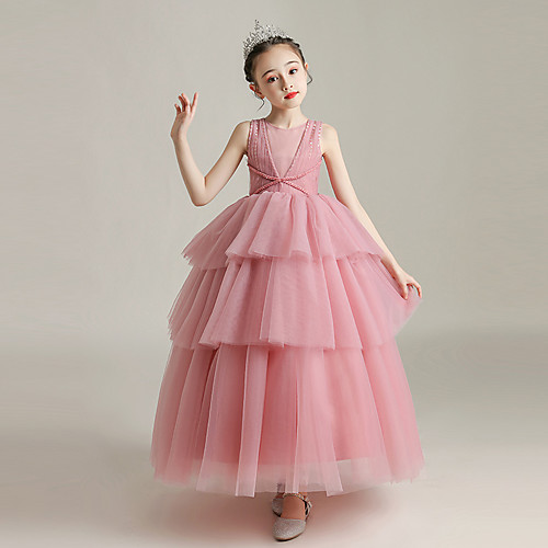 

Princess / Ball Gown Floor Length Party / Birthday Flower Girl Dresses - Tulle Sleeveless Jewel Neck with Criss Cross / Pleats / Tier