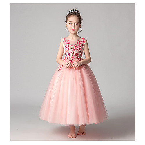 

Princess / Ball Gown Jewel Neck Ankle Length Tulle Junior Bridesmaid Dress with Pleats / Appliques