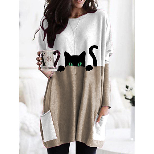 

Women's T shirt Cartoon Cat Graphic Long Sleeve Pocket Round Neck Tops Basic Basic Top Black Orange Khaki