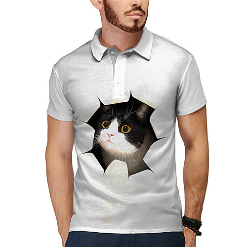 

Men's Polo 3D Print Cat Graphic Prints Animal Button-Down Print Short Sleeve Daily Tops Casual Designer Big and Tall Gray