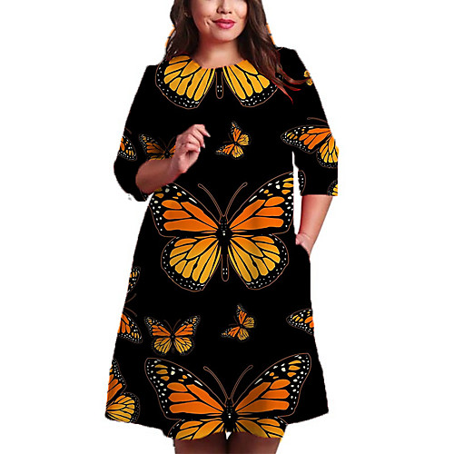 

Women's Plus Size Print Color Block Animal Print Casual 3/4 Length Sleeve Fall Knee Length Dress Shift Dress Black