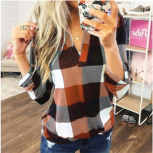 

womens cottn plaid shirt long sleeves casual loose shirts blouses (orange, s)