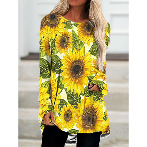 

Women's T Shirt Dress Tee Dress Short Mini Dress Yellow Beige Long Sleeve Floral Print Spring Summer Round Neck Casual 2021 S M L XL XXL 3XL