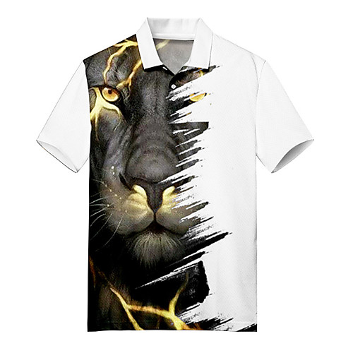 

Men's Polo 3D Print Lion Animal Button-Down Print Short Sleeve Casual Tops Casual Fashion Soft Breathable White