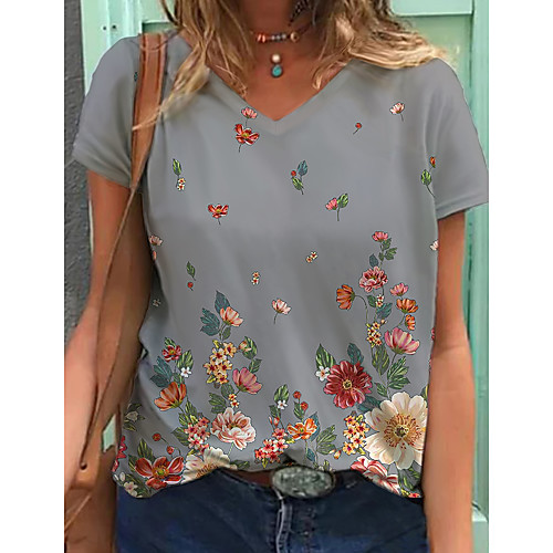 

Women's T shirt Graphic Floral Print V Neck Tops Basic Basic Top Gray
