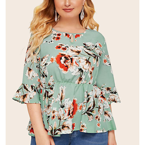 

Women's Plus Size Print Floral Blouse Large Size Crewneck 3/4 Length Sleeve Vintage Tops XL 2XL 3XL Multi-Color Big Size