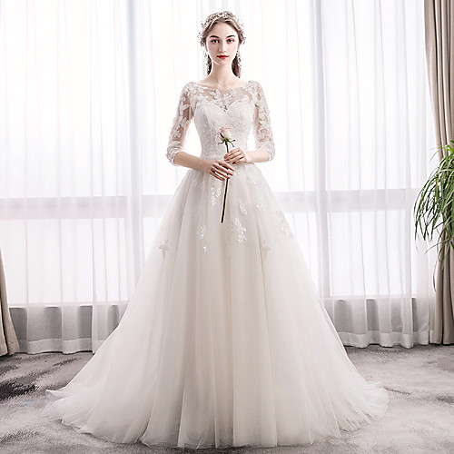 

Princess A-Line Wedding Dresses Jewel Neck Sweep / Brush Train Lace Tulle 3/4 Length Sleeve Formal Romantic with Appliques 2021