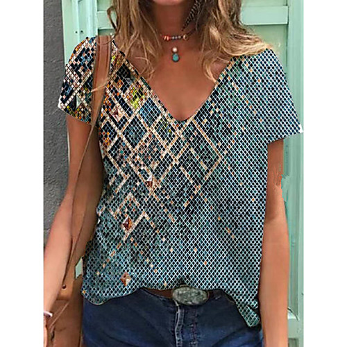 

Women's T shirt Graphic Geometric Print V Neck Tops Basic Basic Top Blue