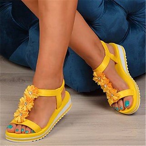 

Women's Sandals Boho Bohemia Beach Flat Heel Round Toe Wedge Sandals Casual Daily PU Rhinestone Solid Colored Black Yellow Pink