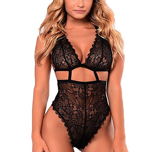 

Women's Backless Mesh Hole Bodysuits Nightwear Solid Colored Black S M L