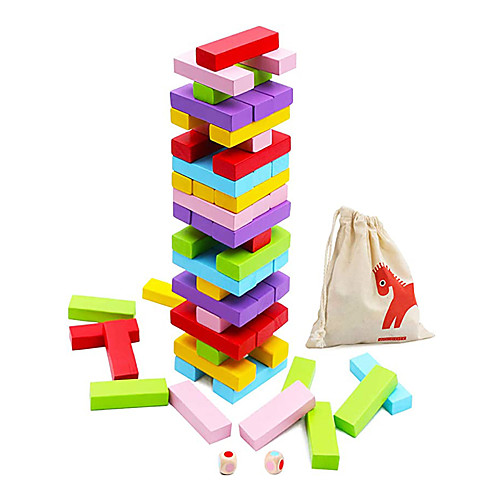 

Wooden Stacking Board Games 54 Pieces for Kids Adult and Families Gentle Monster Wooden Blocks Toys for Toddlers Colored Building Blocks - 6 Colors 2 Dice