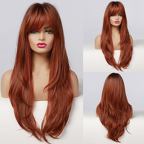 

Synthetic Wig Natural Straight Neat Bang Wig Medium Length Wine Red Synthetic Hair Women's Cosplay Party Fashion Red