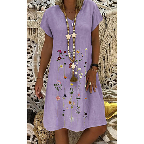 

Women's Shift Dress Knee Length Dress White Purple Khaki Light Green Short Sleeve Floral Print Summer V Neck Casual 2021 S M L XL XXL 3XL 4XL 5XL